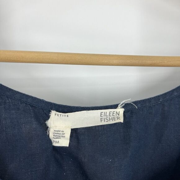 Eileen Fisher Tank Top Size Medium Petite Navy Irish Linen Beaded Sleeveless - Picture 4 of 8